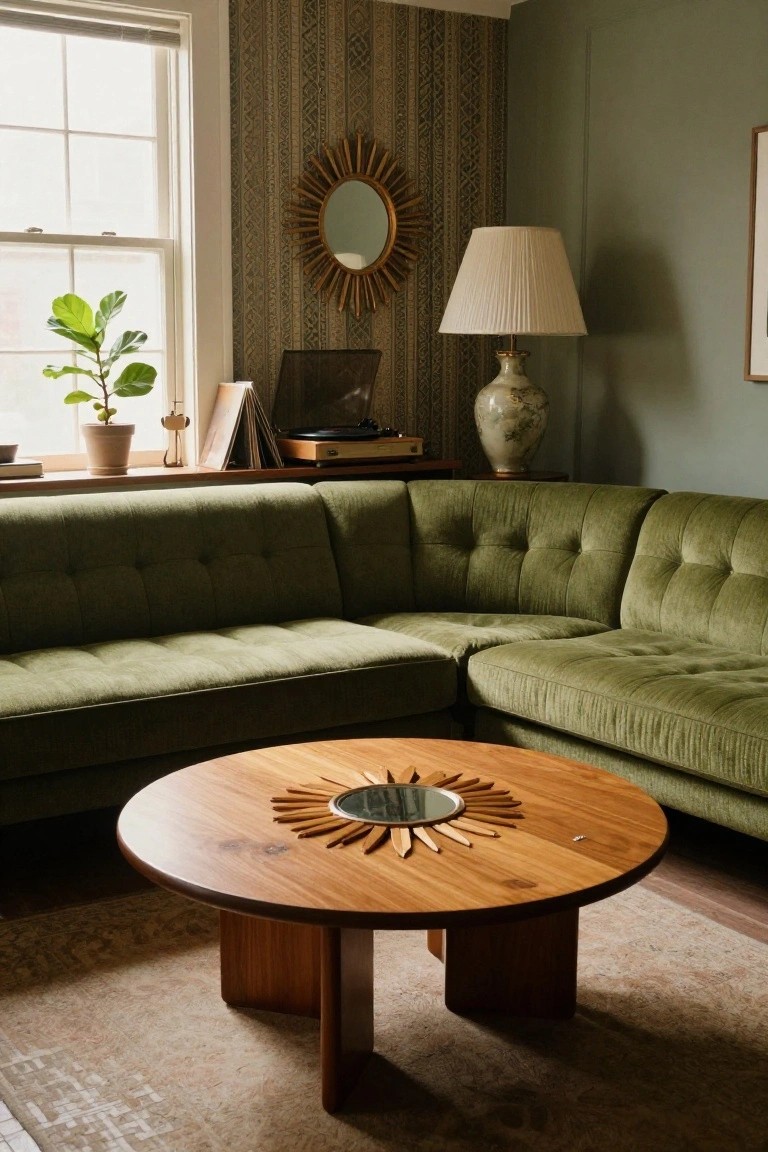 Green tufted L-shaped sofa in a living room corner with round wooden coffee table featuring sunburst design, potted plant by window, turntable on shelf, and green walls.