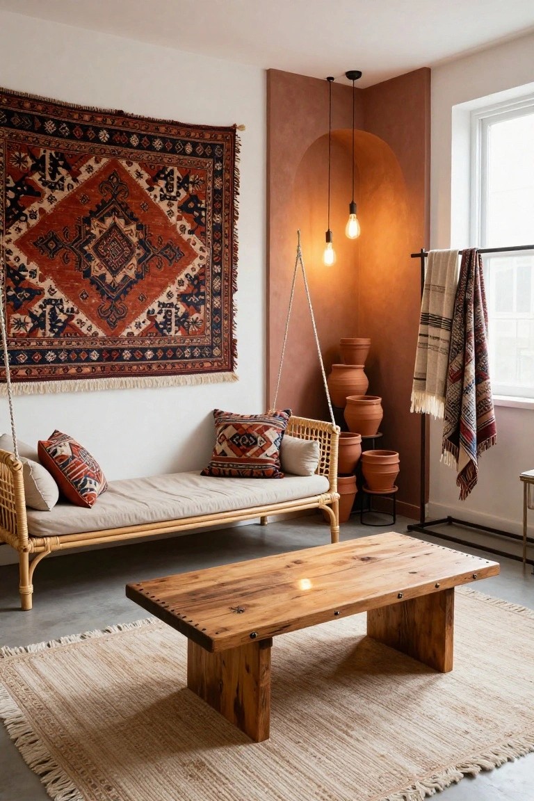 Interior view of a small seating area with a low rattan daybed topped with patterned cushions, a wooden coffee table on a seagrass rug, stacked terracotta pots, hanging textiles, and pendant lights against a curved pink wall.