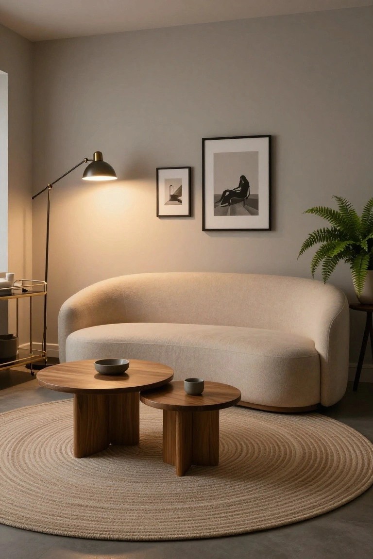 A curved cream bouclé sofa in a light gray living room with two wooden coffee tables on a round seagrass rug, a brass floor lamp, framed art, and a potted fern nearby.