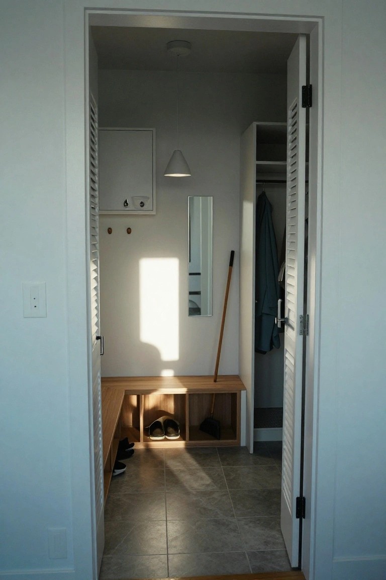 Sunlit entryway with open louvered closet doors, wooden corner bench holding shoes in cubbies below, wall hooks, full-length mirror, and broom leaning nearby.