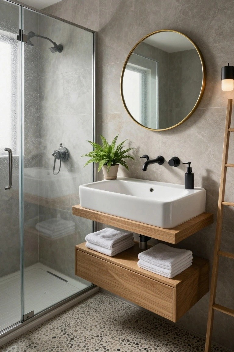 Modern compact bathroom with gray stone-look tile walls and pebble floor, clear glass shower enclosure, white vessel sink on floating oak wood shelf vanity with storage drawer holding white towels, black wall-mounted faucet and controls, round gold mirror, potted fern plant, black soap dispenser, and adjacent wooden ladder shelf.