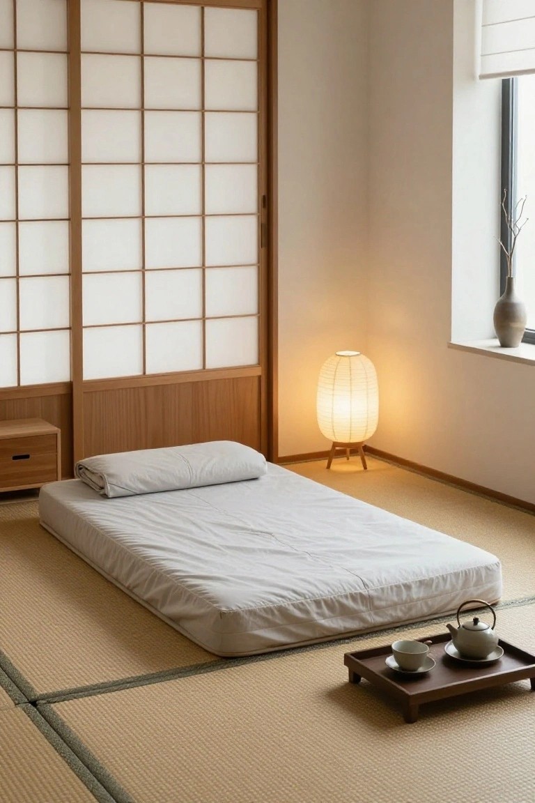 Minimalist Japanese-style interior room with tatami floor mats, low gray futon mattress, shoji screens, paper lantern lamp, wooden side table, and floor tray holding teapot and cups.