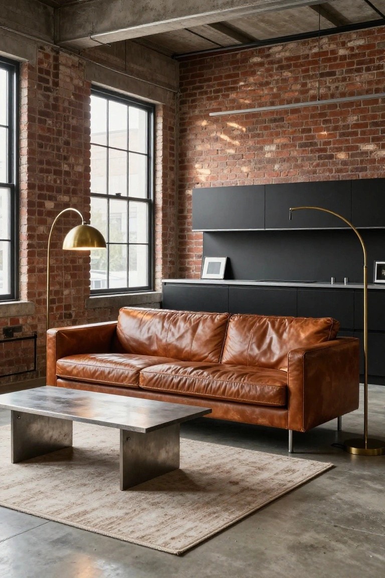 Industrial-style living room featuring tan leather sofa, brushed metal coffee table, exposed brick walls, black cabinets, arched gold floor lamps, and concrete floor.