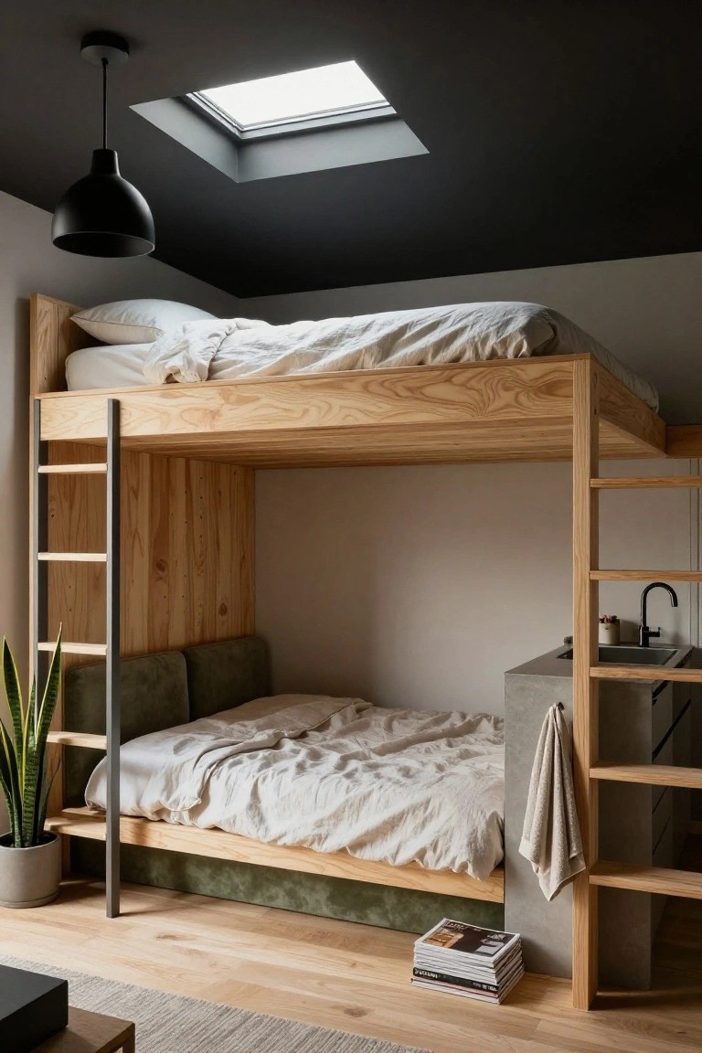 Compact studio apartment with wooden lofted bunk bed, lower green upholstered platform bed, concrete sink unit under ladder, skylight above, and potted plant on floor.