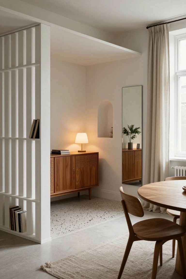 White slatted room divider with shelves holding books stands next to a teak credenza with lamp and lamp, arched mirror on wall, round wooden dining table with chairs on terrazzo floor in light interior.