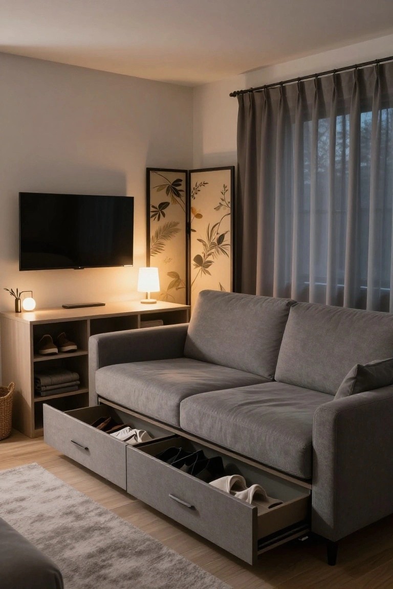 Gray fabric sofa bed in a modern living room with two open under-seat drawers containing shoes and linens, beside a wooden TV stand and shoji screen.
