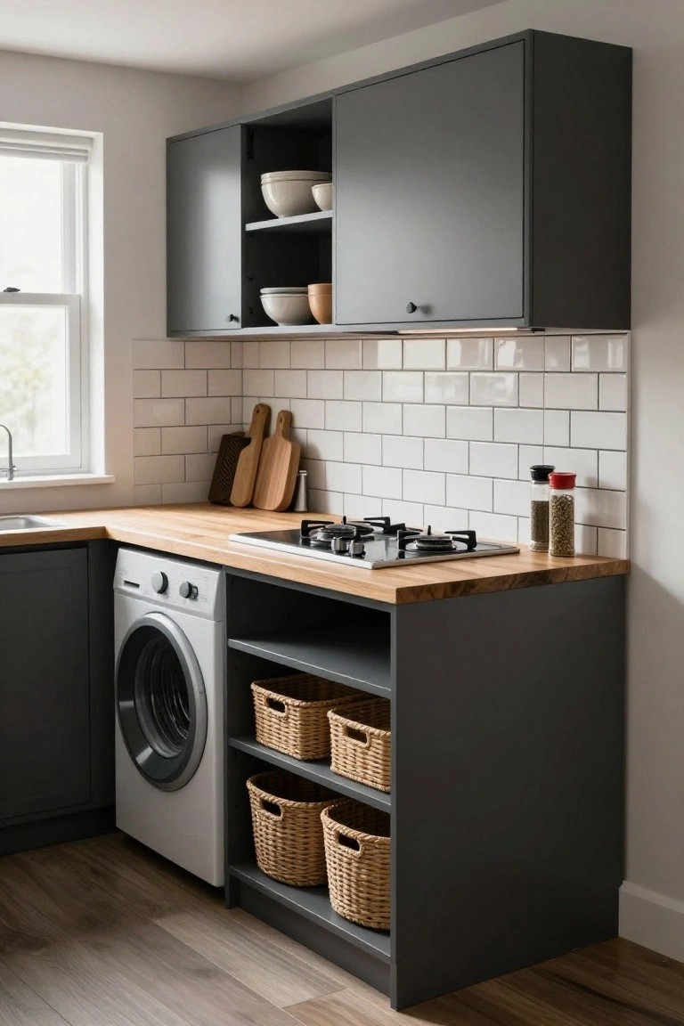 Compact L-shaped kitchen corner featuring dark gray cabinets, light wood countertop, white subway tile backsplash, gas cooktop, sink, front-loading washer, and open lower shelving with woven baskets.