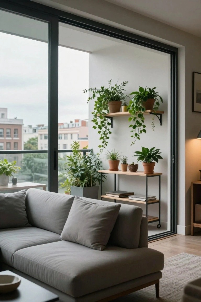 Modern apartment corner with gray L-shaped sofa, low wooden table, metal shelving unit holding potted plants and books, wall-mounted wooden shelves with trailing greenery, and large sliding glass doors to a balcony overlooking urban buildings.