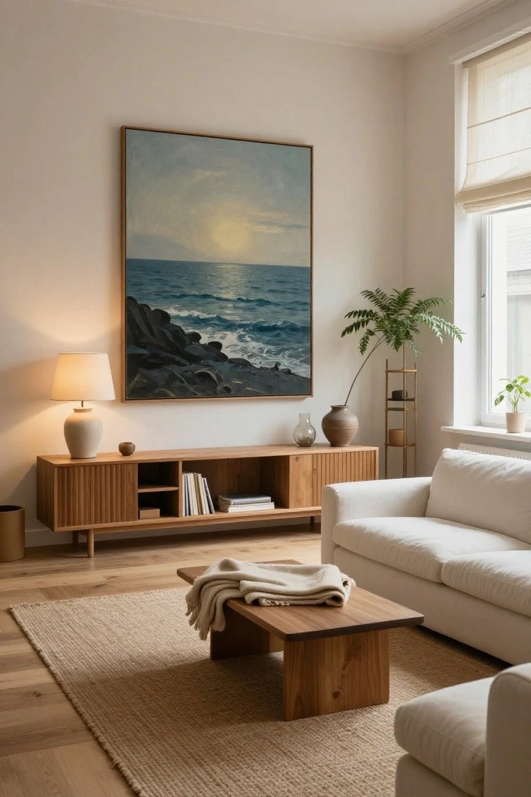 A cozy living room featuring a large framed seascape painting above a wooden credenza with slatted doors, a white sofa, low wooden coffee table on a neutral rug, ceramic lamps, potted plants, and light wood floors.