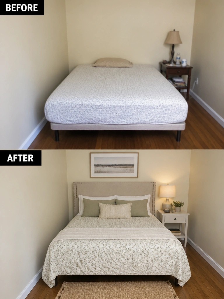 Before-and-after image of a plain bedroom showing a basic mattress and nightstand updated with a headboard, layered pillows, a bed cover, wall art, a rug, and a styled nightstand.