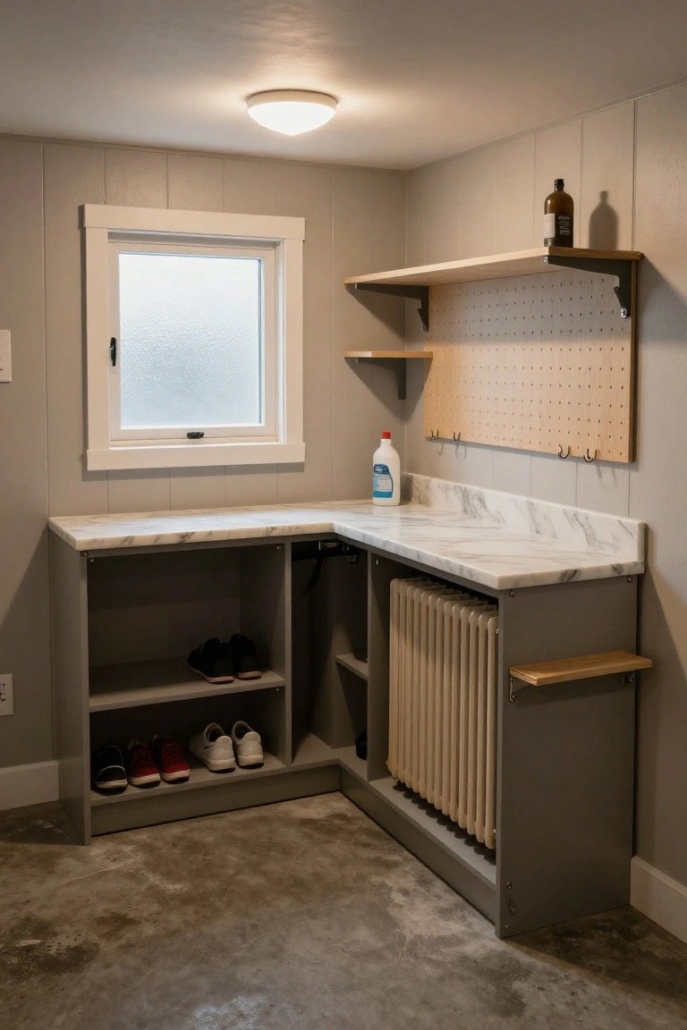 Corner of a basement utility room with L-shaped gray cabinets enclosing a radiator, marble countertop, open shoe storage shelves, wood-paneled walls, pegboard, and a frosted window.