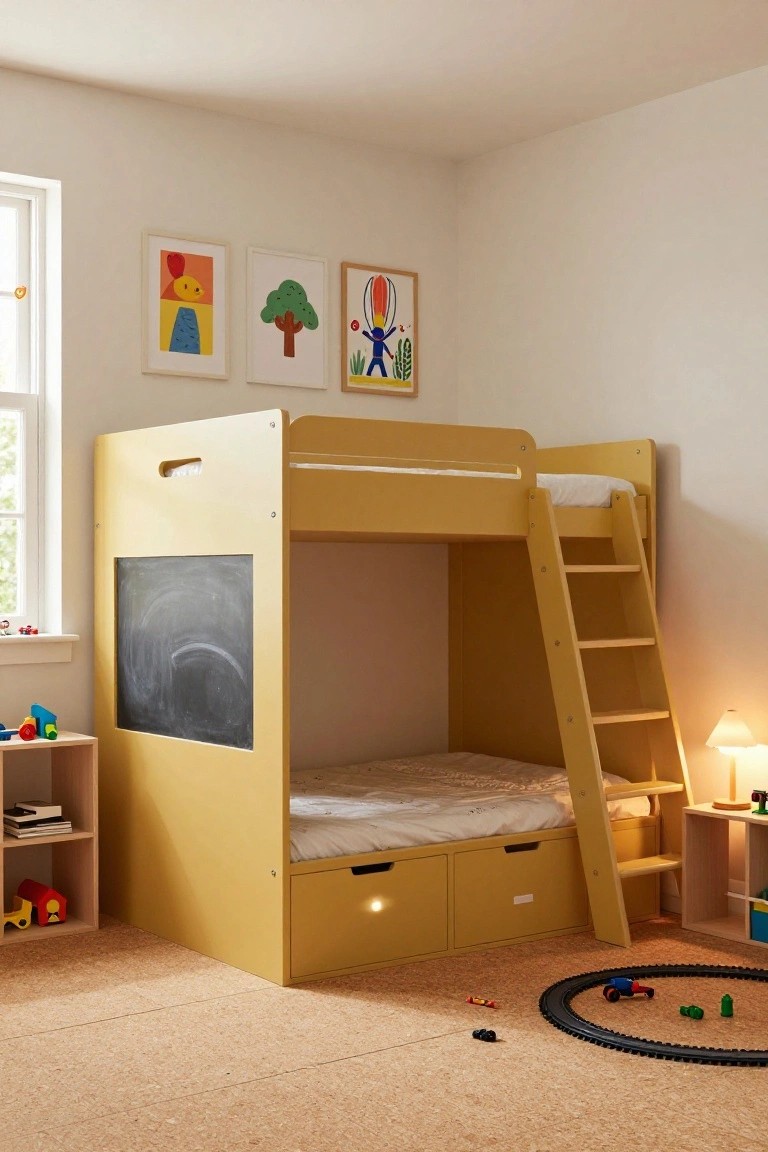 A yellow wooden bunk bed with a black chalkboard panel on the side end, integrated ladder, and two under-bed drawers, in a light-filled children's bedroom with toys, bookshelves, and colorful abstract art on the walls.