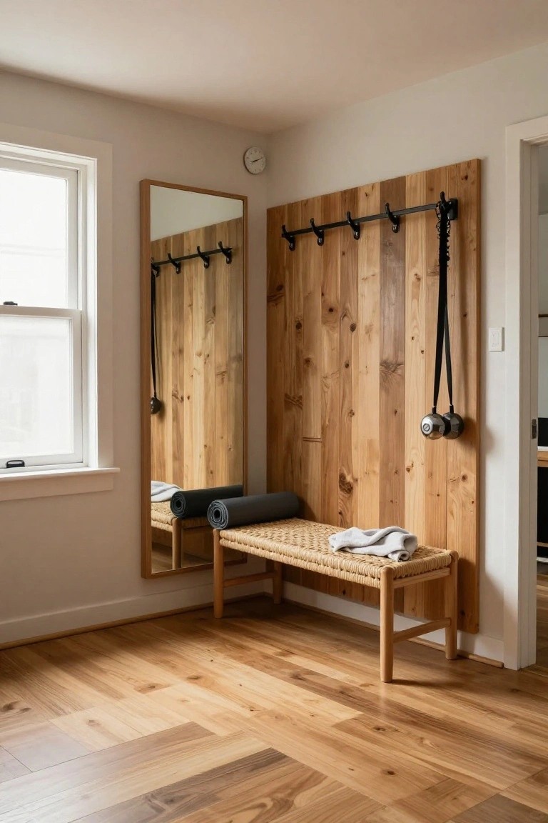 Small interior room with light vertical wood planks on one wall mounted with black hooks and hanging straps, rattan bench with gray towel and rolled yoga mat, full-length wood-framed mirror, wall clock, and white window.