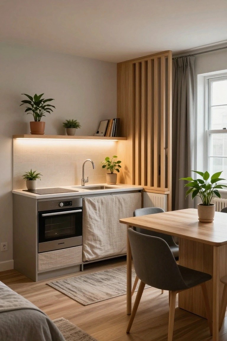 Compact modern kitchen with light gray cabinets, black oven, white sink and countertops, wooden slatted partition, small oak dining table, two gray chairs, multiple potted plants, and a bed in the corner on light wood floors.