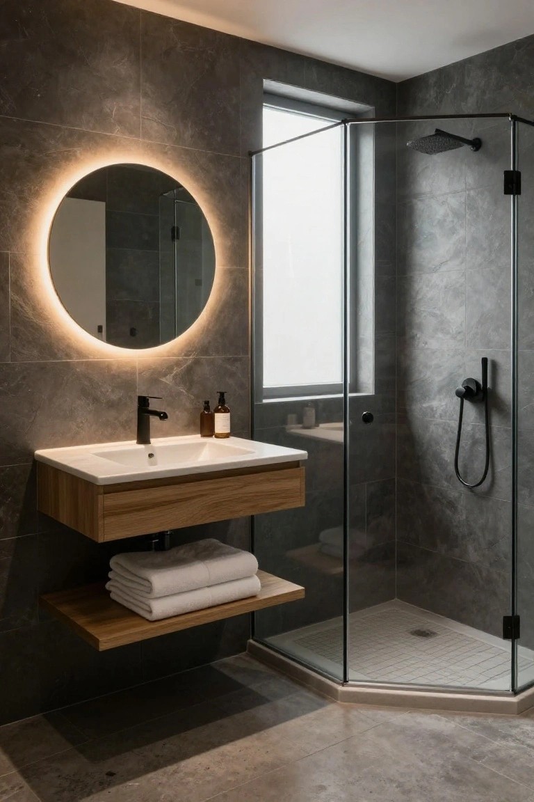 Modern bathroom with dark gray textured tile walls and floor, floating wooden vanity and shelf with sink and towels, round backlit mirror, and glass-enclosed corner shower.