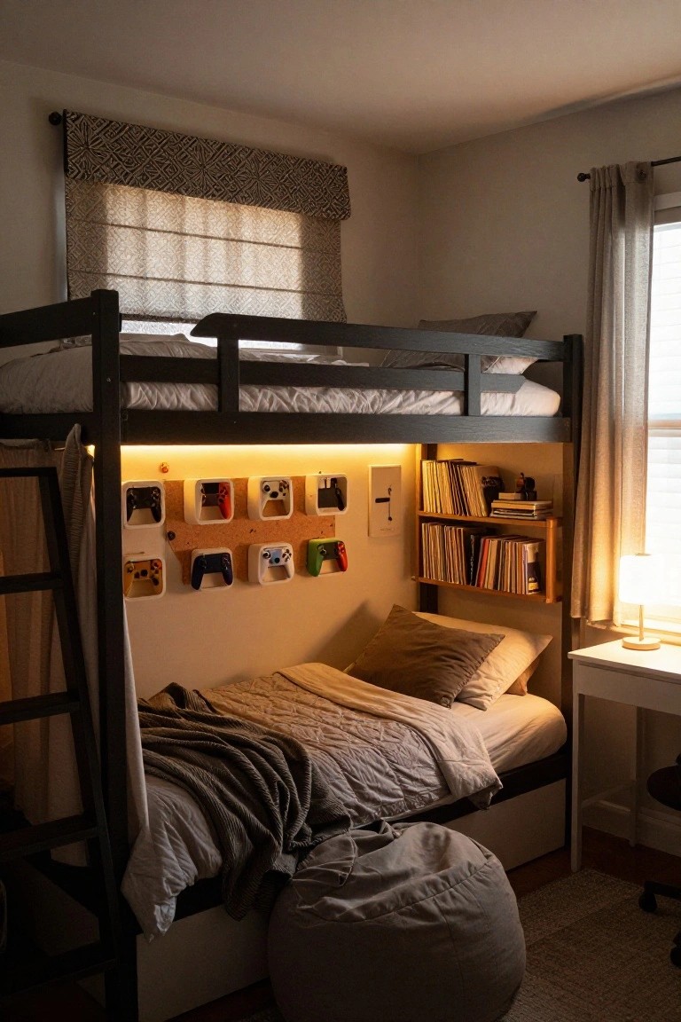 A small bedroom featuring a black metal bunk bed with the lower bunk made up, game controllers in white wall mounts on a corkboard beside the bed, wooden bookshelves, a desk with lamp, beanbag chair, and warm ambient lighting from windows and LEDs.