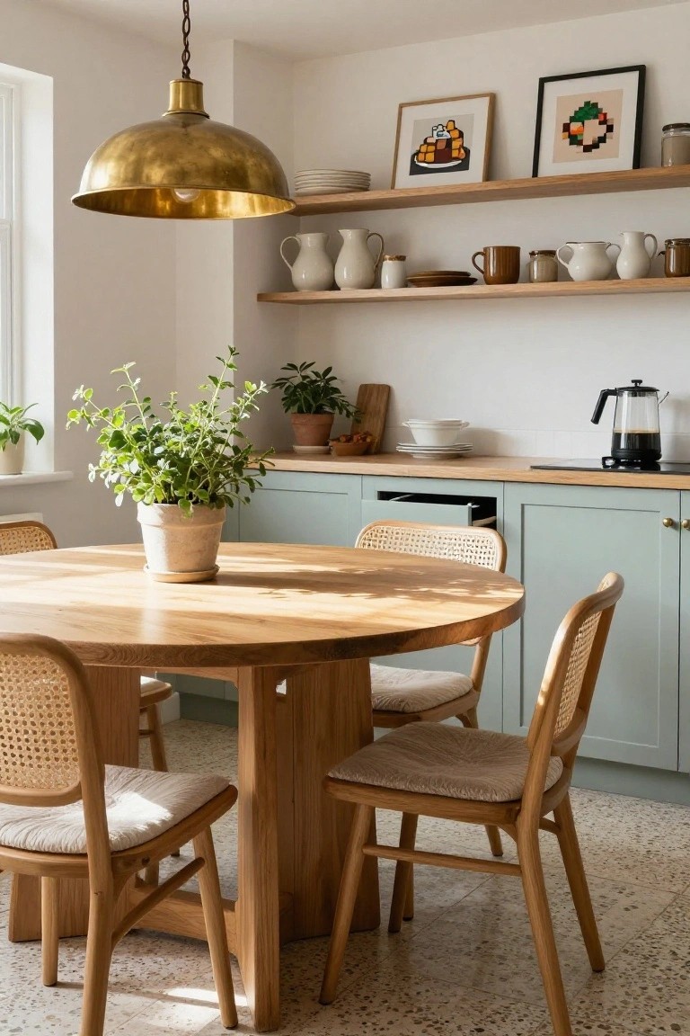 Bright kitchen interior with open oak shelves displaying white ceramics and framed pixel art prints, sage green cabinets, round wooden dining table with rattan chairs, brass pendant light, coffee maker on counter, and potted plants on table and counters.