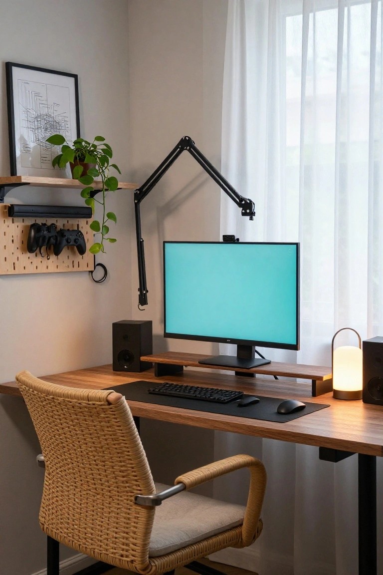 Cozy workspace with light wood desk, rattan armchair, monitor on wooden stand, black pegboard wall holding two Xbox controllers and shelf with potted plant, desk lamp, keyboard, mouse, and window with sheer white curtains.