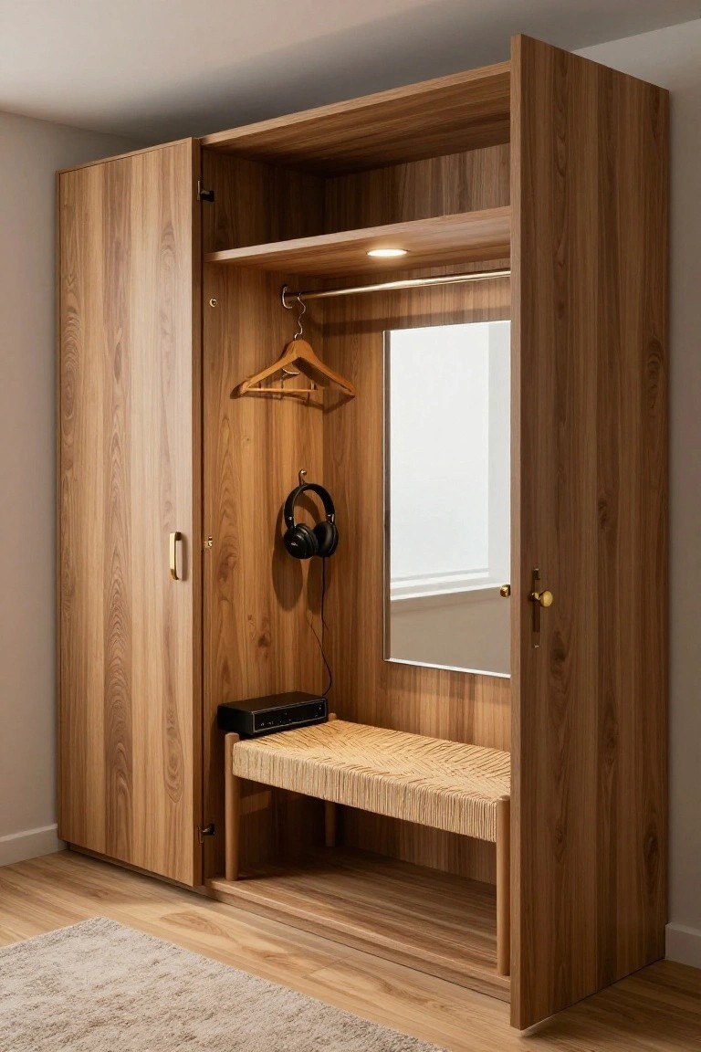 Open wooden wardrobe with double doors, internal hanging rod, shelves, full-length mirror, overhead light, woven bench seat, hanging black headphones, and small black device on the bench.