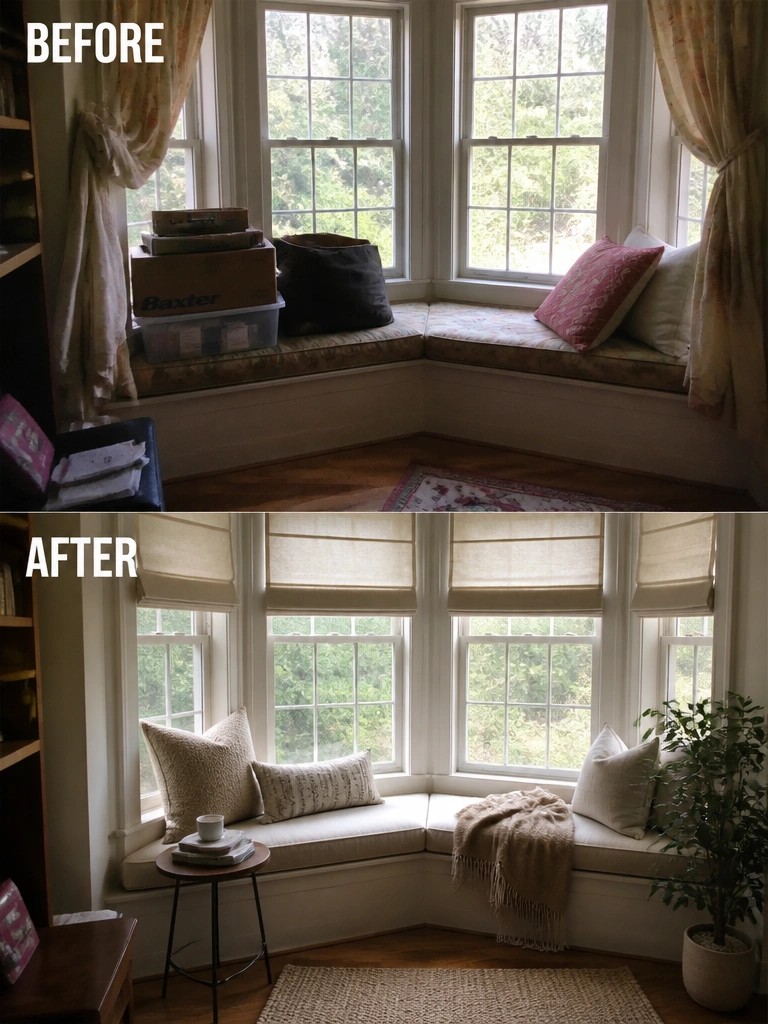 Before and after of cluttered bay window seat transformed into tidy nook with pillows and plant.