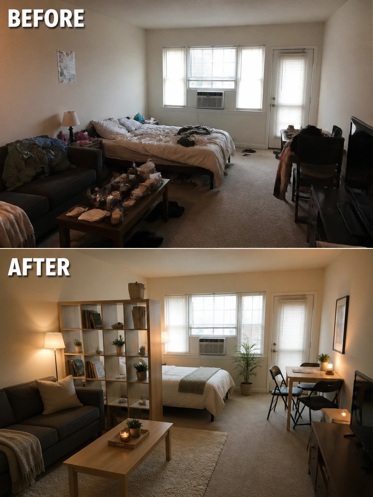 Before-and-after view of cluttered bedroom transformed into tidy, organized minimalist living space.