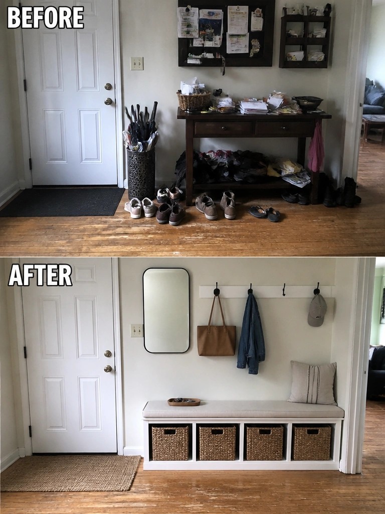 Before and after of cluttered entryway transformed with organized bench, hooks, and baskets.