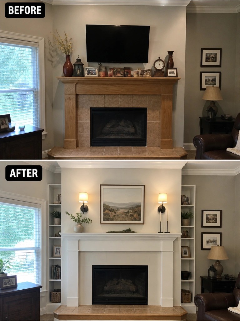 Before-and-after image of a cluttered fireplace with a wooden mantel and television above it changed to a clean white fireplace with built-in bookshelves and wall sconces.