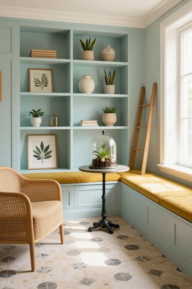 Light blue built-in shelving units lining a corner room with a yellow cushioned window bench, potted plants, books, a glass cloche terrarium on a small round table, a rattan armchair, wooden ladder, and patterned tile floor near a large window.