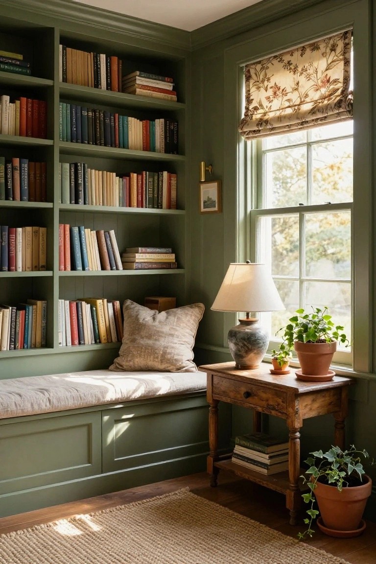 Corner of a sage green painted library room with built-in bookshelves filled with books, a cushioned linen bench under a large multi-pane window with floral roman shade, wooden side table holding a lamp and plants.