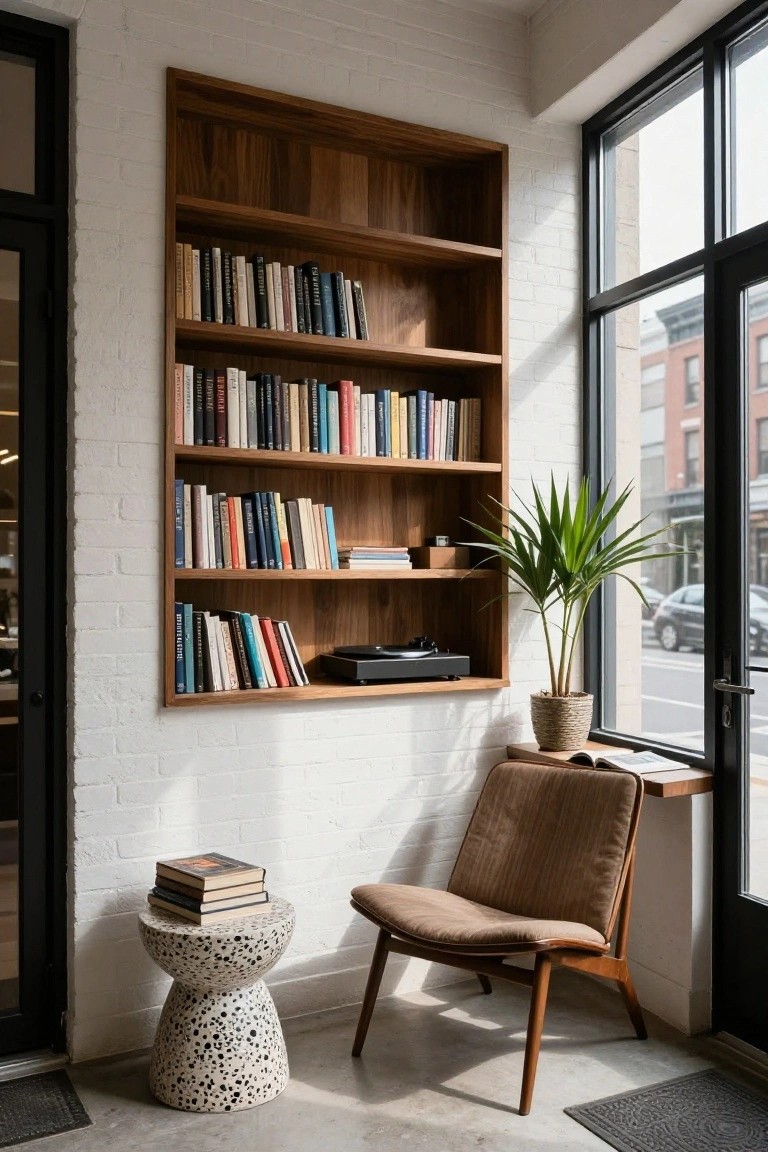 Tall wooden bookshelves in a white brick corner with books on shelves, a record player, potted plant by large street-view windows, brown armchair, and speckled stool on a concrete floor.