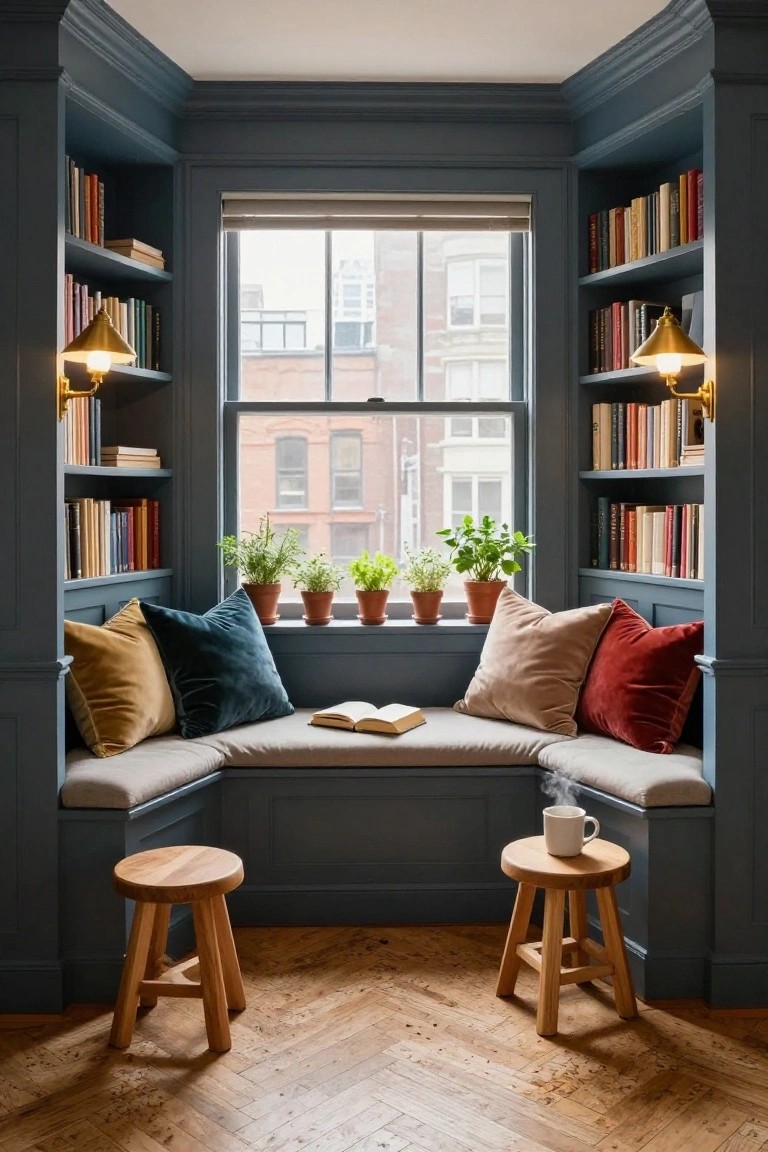 Cozy corner interior with navy built-in bookshelves framing a large multi-pane window, L-shaped beige cushioned bench seat with mustard, teal, beige, and red velvet pillows, potted herbs on windowsill, brass wall sconces, open book and white mug on bench, two wooden stools, and herringbone wood floor.