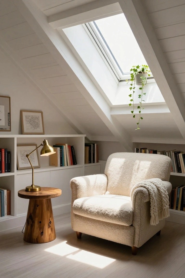 Attic room with white sloped ceilings and skylight from which an ivy plant hangs, built-in bookshelves holding books and art, adjustable brass lamp on wooden pedestal table next to cream bouclé armchair with knit throw on light wood floor.