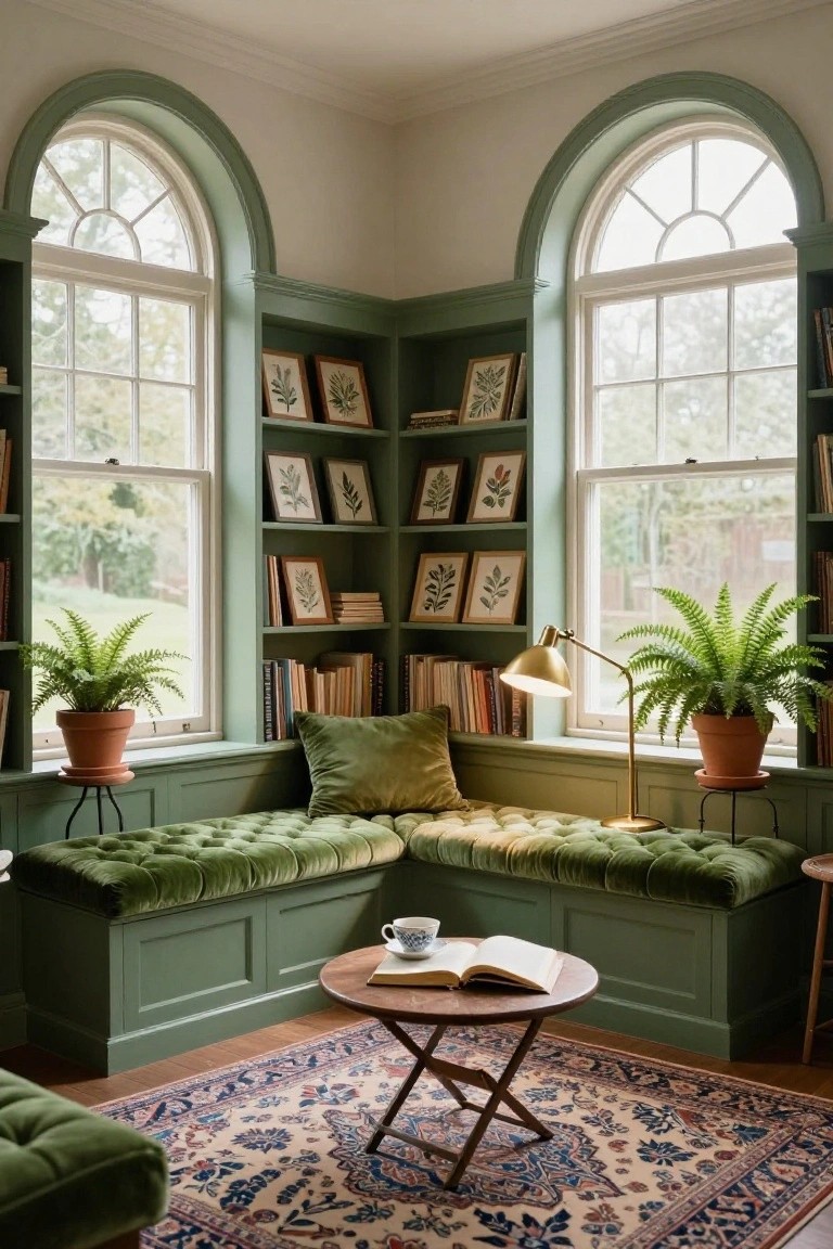 Corner interior room with sage green built-in bookshelves framing two arched windows, a tufted green velvet bench seat along the base, potted ferns, a brass lamp, small wooden table with open book and teacup, and Persian rug on wood floor.