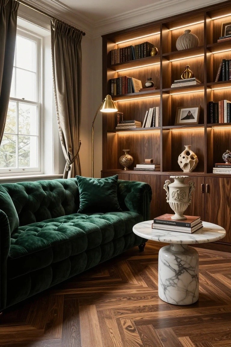 Interior of a library room with emerald green tufted velvet sofa, round white marble pedestal coffee table holding stacked books, tall walnut bookshelves with LED backlighting and decorative objects, brass floor lamp, and large window with gray curtains.