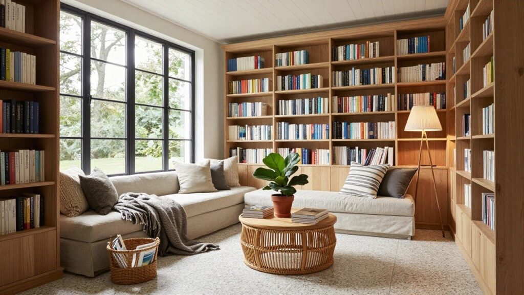 Indoor sunroom library featuring tall wooden bookshelves filled with books along the walls, a low beige L-shaped sofa with pillows and throw, round wooden coffee table with stacked books, potted plants, floor lamp, and large black-framed windows showing tropical garden outside.