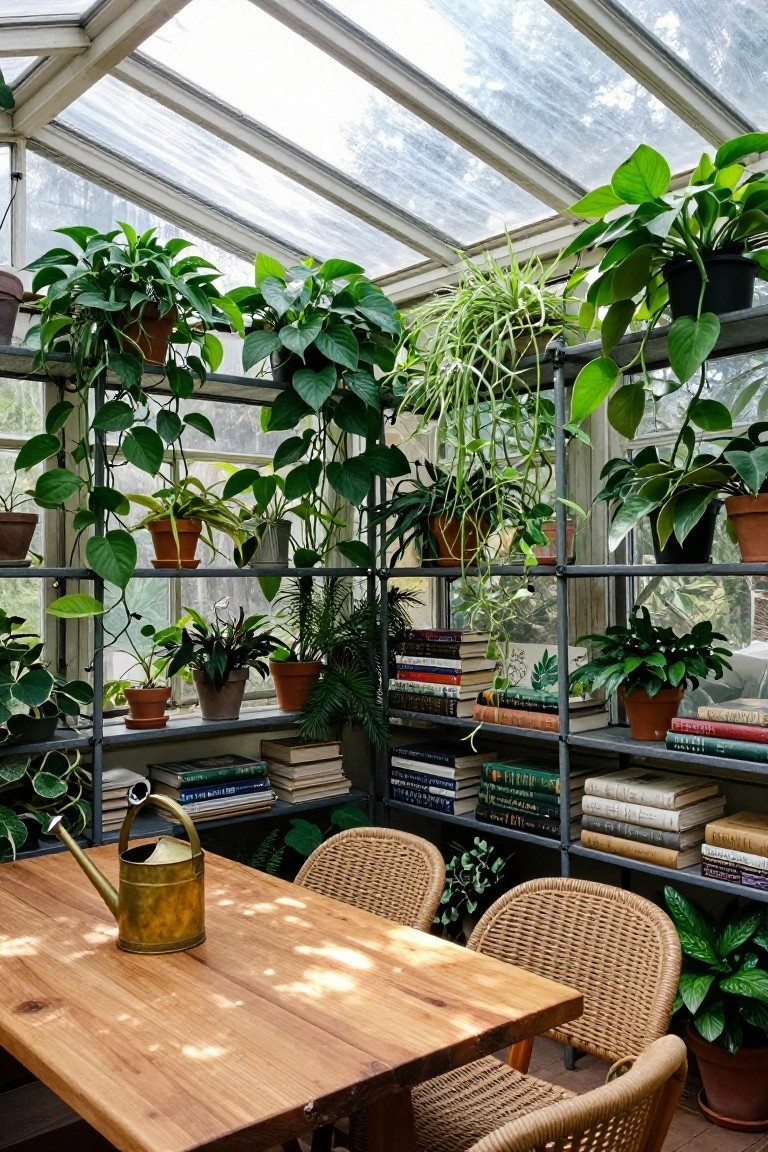 Sunlit sunroom with black metal shelves holding books and numerous potted green plants, wooden table topped with brass watering can, rattan chairs, and glass walls and ceiling.