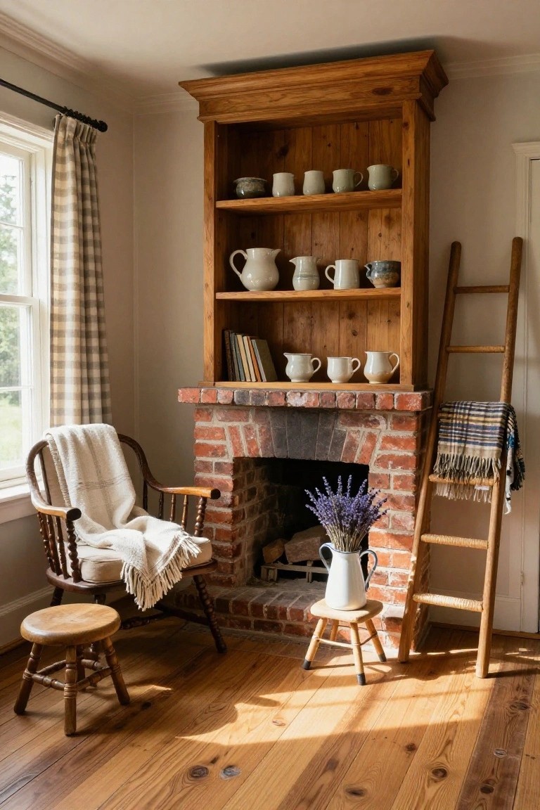Sunlit interior room with tall wooden cabinet shelving white pottery and books, wooden ladder leaning against it, brick fireplace with lavender bouquet in metal pitcher, wooden rocking chair draped with white blanket, small wooden stool, plaid throw on ladder rungs, checkered curtains at window, wooden floors.