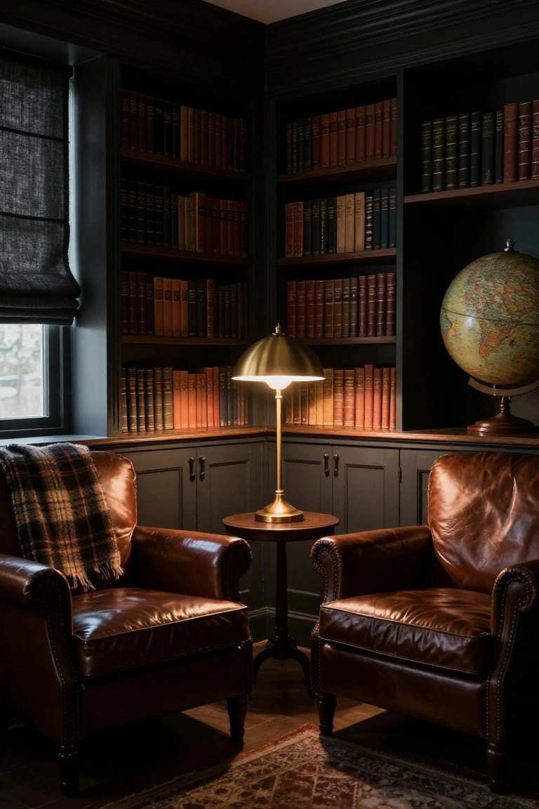 Dark wood-paneled library corner with tall bookshelves filled with leather-bound books, a globe on a shelf, two brown leather armchairs facing a small round table topped with a brass lamp, and a window covered by shades.