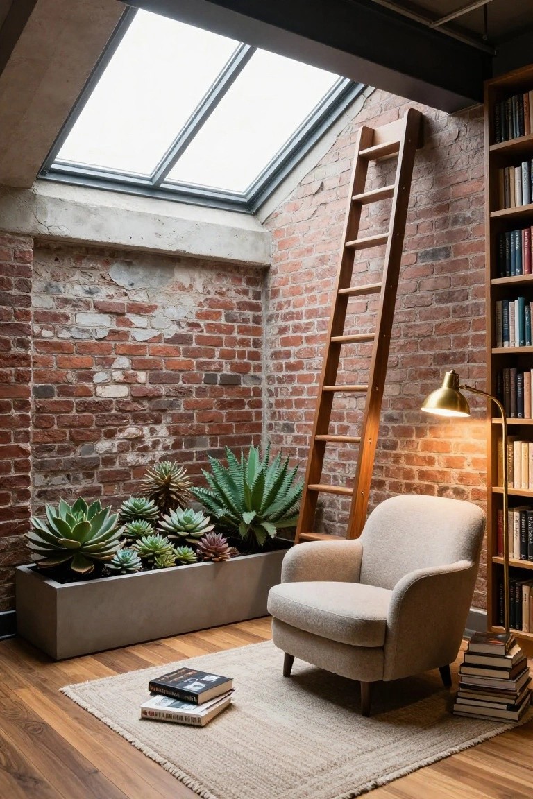 Exposed brick interior room with wooden ladder leaning against floor-to-ceiling bookshelves, beige armchair on wooden floor beside potted succulents, stacks of books on rug, brass lamp, and skylights overhead.