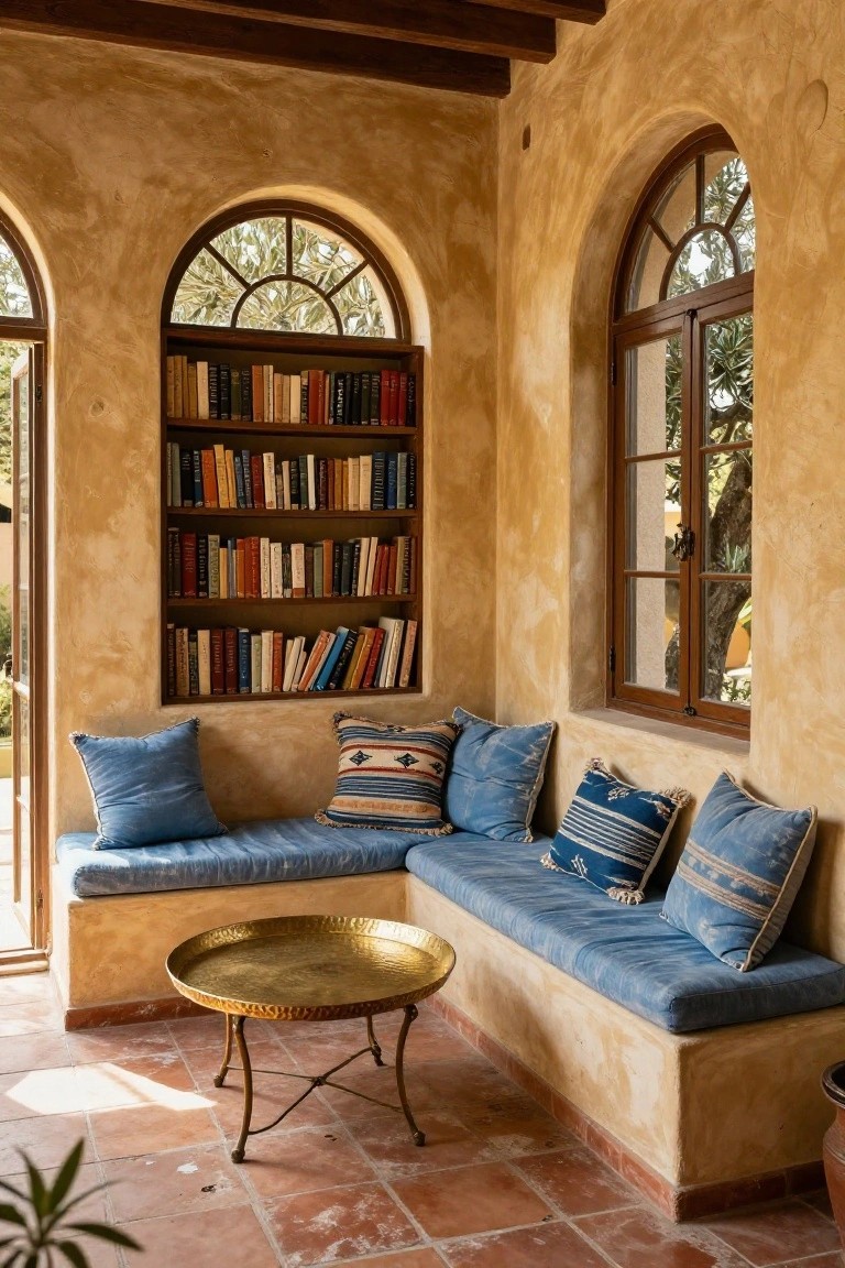 Beige stucco interior room with built-in wooden bookshelves around two arched windows, blue and patterned cushions on a low built-in bench seat, brass tray table on legs, and terracotta tile floor.