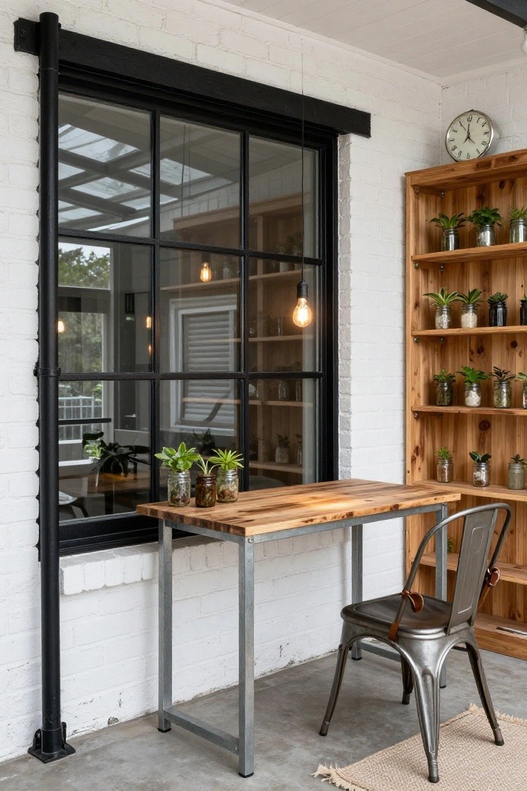 A rectangular desk with light wood top and metal legs sits against a large black-framed multi-pane window in a white brick room, with potted plants in glass jars on the desk and wooden shelves filled with similar plants nearby, plus a metal chair and concrete floor.