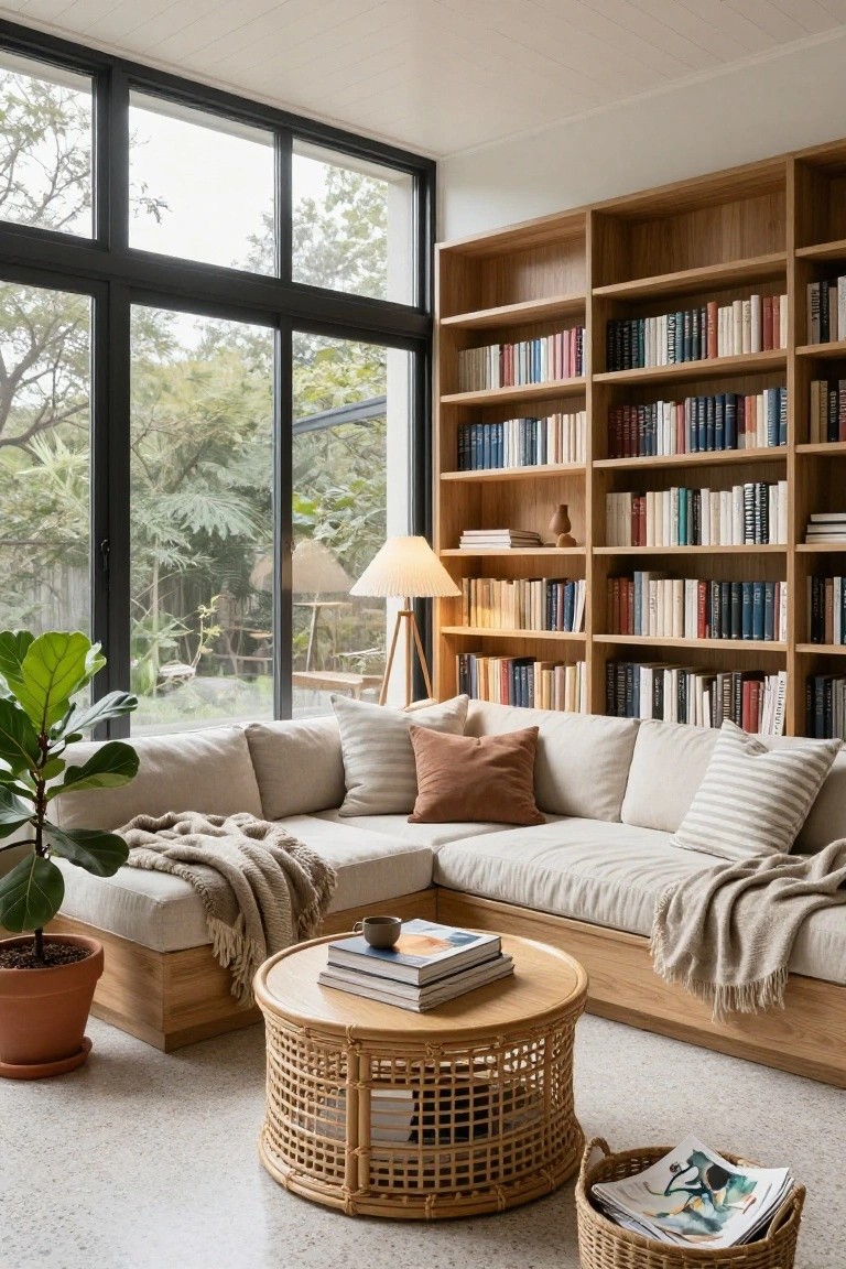 Indoor sunroom library featuring tall wooden bookshelves filled with books along the walls, a low beige L-shaped sofa with pillows and throw, round wooden coffee table with stacked books, potted plants, floor lamp, and large black-framed windows showing tropical garden outside.