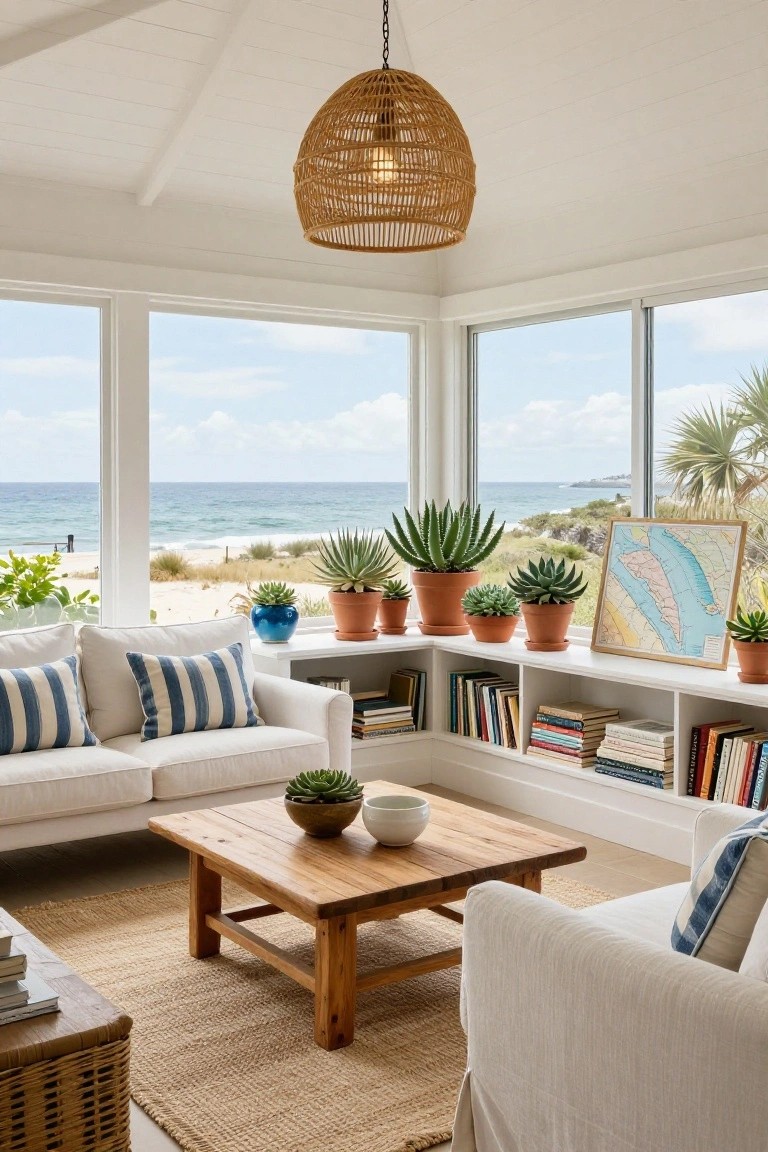 Sunroom interior with white sofa and pillows, wooden coffee table, low white built-in bookshelves lining large corner windows overlooking ocean and beach, various potted succulents on shelves and windowsill, rattan pendant light overhead.
