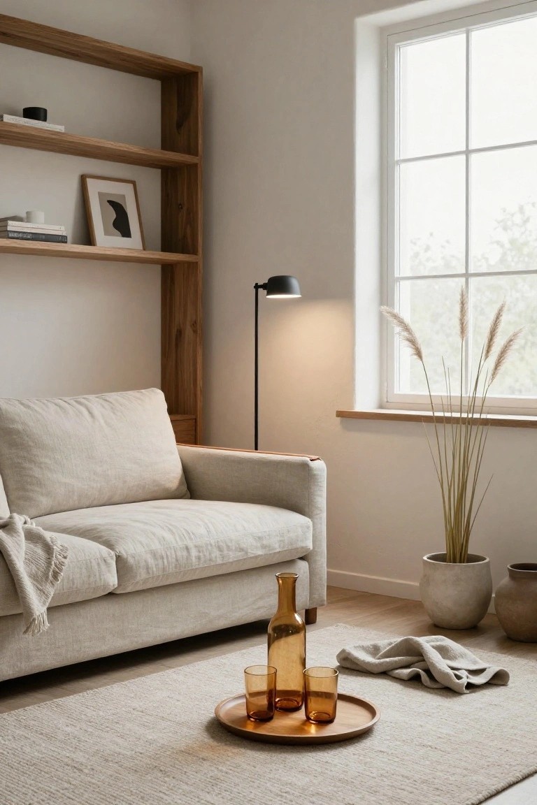 Interior corner of a light neutral room with tall wooden bookshelves stocked with books, a beige linen sofa with cream throw, black floor lamp, potted pampas grass by window, and wooden tray with amber bottle and glasses on beige rug.