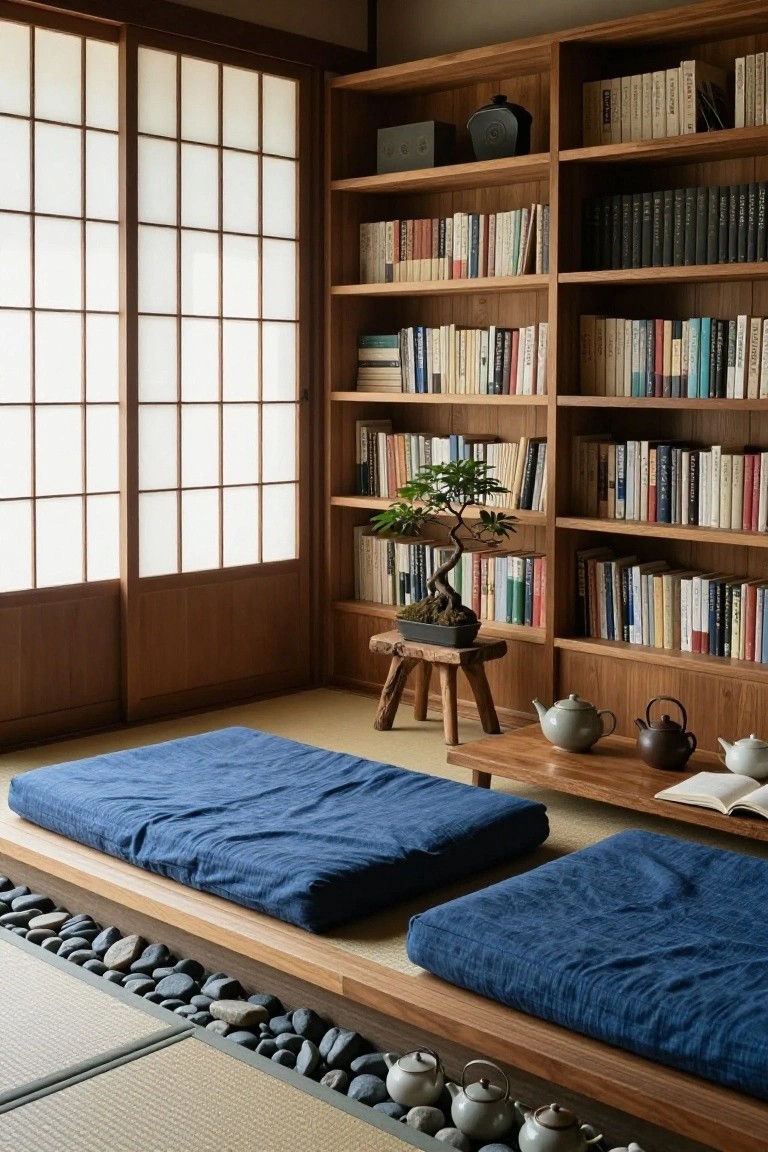 Japanese-style interior room with wooden bookshelves filled with books, bonsai tree on a shelf, low stool, tatami flooring, blue cushions, low wooden table with teapots and open book, shoji screen windows, and river rocks along the base.