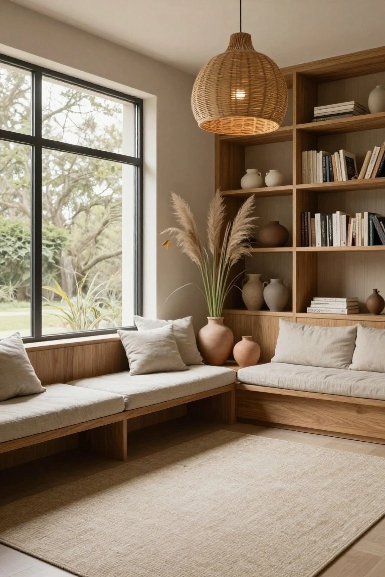 Light wooden built-in L-shaped bench with beige cushions under a large window, integrated with surrounding bookshelves holding books, ceramics, and pampas grass, plus a rattan pendant light and beige rug on wood floors.