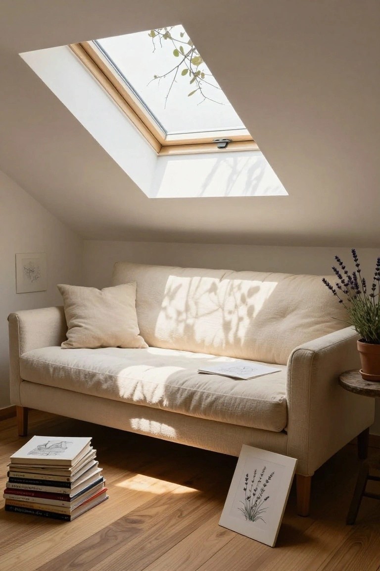 Beige linen loveseat sofa in an attic room under a skylight window, with stacked books on wooden floor, potted lavender plant, and framed line drawings nearby.
