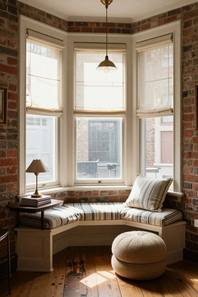 Bay window nook with built-in cushioned bench, striped pillows, small side table with lamp and books, woven pouf stool, exposed brick walls, sheer shades, and hardwood floors.