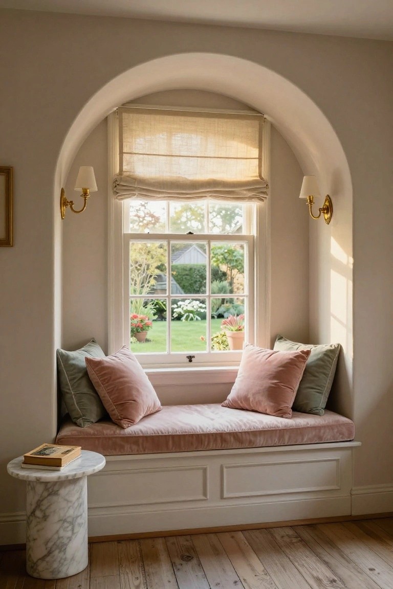 Arched interior window with built-in pink upholstered bench seat, green and pink velvet pillows, beige linen roman shade pulled halfway up, brass wall sconces, white marble pedestal table holding an open book, and view of garden outside.