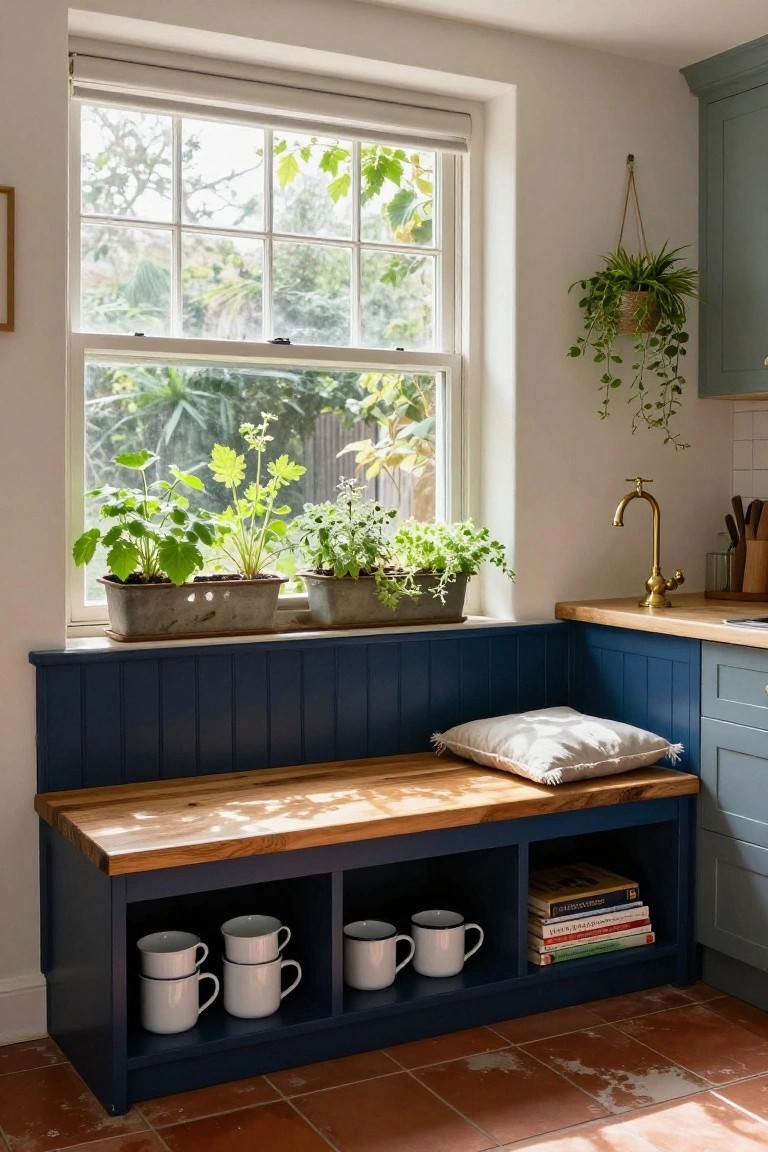 Kitchen corner featuring a navy blue built-in bench with wooden top and white cushion under a large multi-pane window with potted plants on the sill, gold faucet on counter, hanging plant, and storage shelves holding white mugs and books.